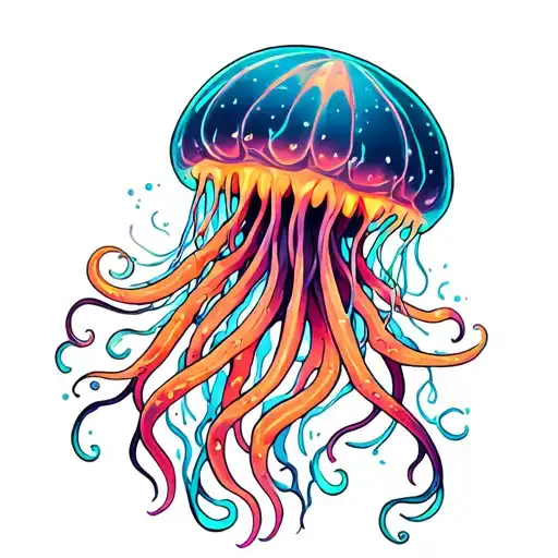 Neon Jellyfish Floating With Long Tentacles