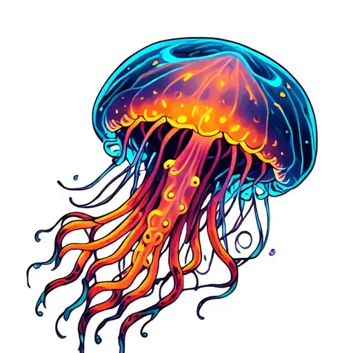 Neon Jellyfish Floating With Long Tentacles