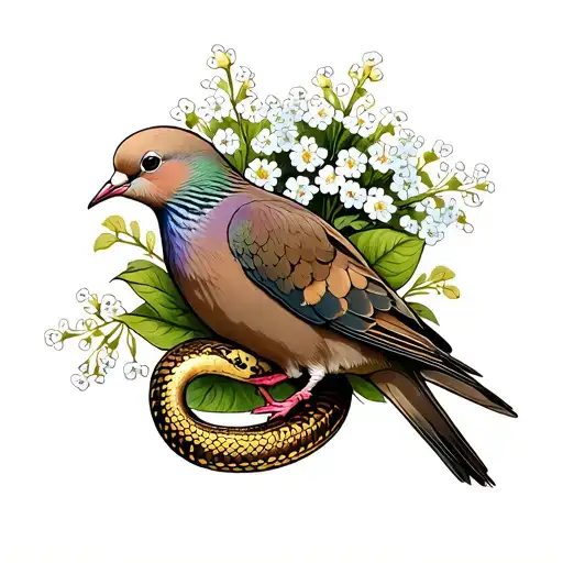 Mourning Dove With Baby's Breath Flower And Snake