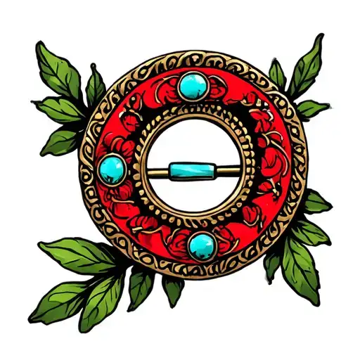 Western Circle Brooch With Red And Turquoise With Green Leaves Around It