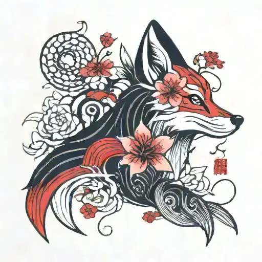 Side Profile Kitsune Mask Cherry Blossoms Red Spider Lily And A Japanese Kanji Of The Fox
