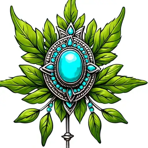 Western Brooch Turquoise With Green Leaves Around It