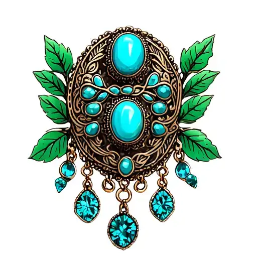Western Brooch Turquoise With Dangle Charms With Green Leaves Around It