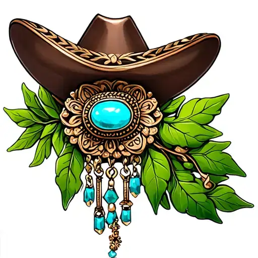 Western Brooch Turquoise With Dangle Charms With Green Leaves Around It