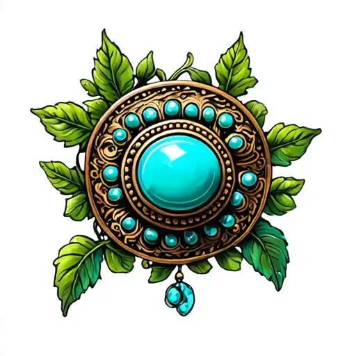 Western Brooch Turquoise Green Leaves And Vines Around It
