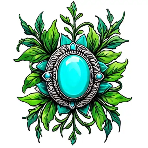 Western Brooch Turquoise Dark Green Leaves And Vines Around It