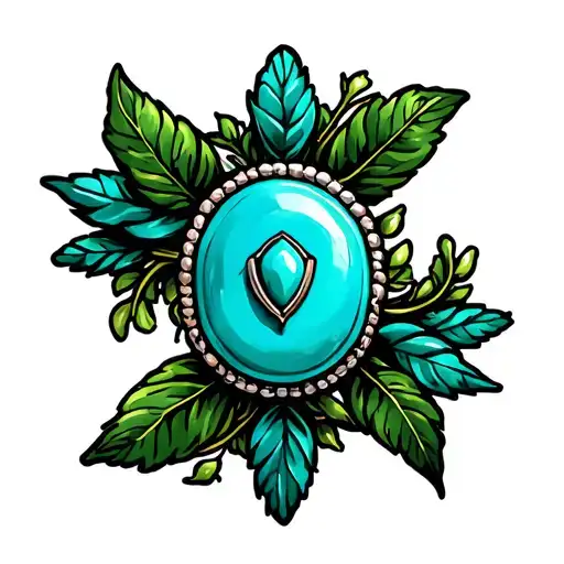 Western Brooch Turquoise Dark Green Leaves And Vines Around It