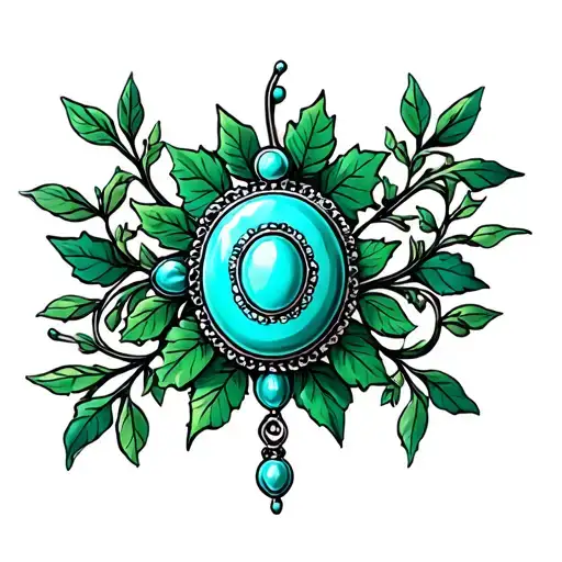 Western Brooch Turquoise Dark Green Leaves And Vines Around It