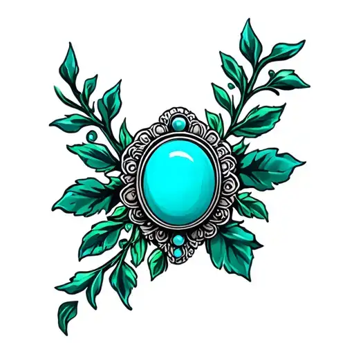 Western Brooch Turquoise Dark Green Leaves And Vines Around It