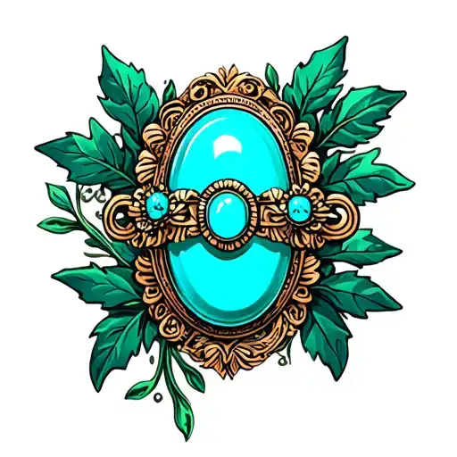 Western Brooch Turquoise Dark Green Leaves And Vines Around It