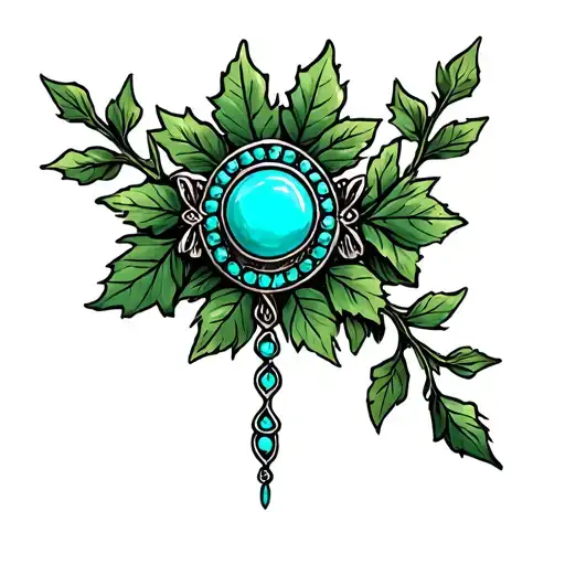 Western Brooch Turquoise Dark Green Leaves And Vines Around It