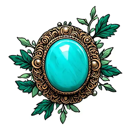 Western Brooch Turquoise Dark Green Leaves And Vines Around It