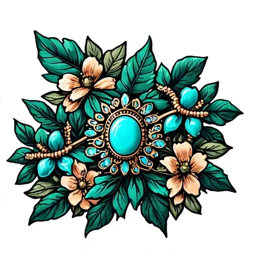 Western Brooch Turquoise Dark Green Leaves With Small Flowers Around