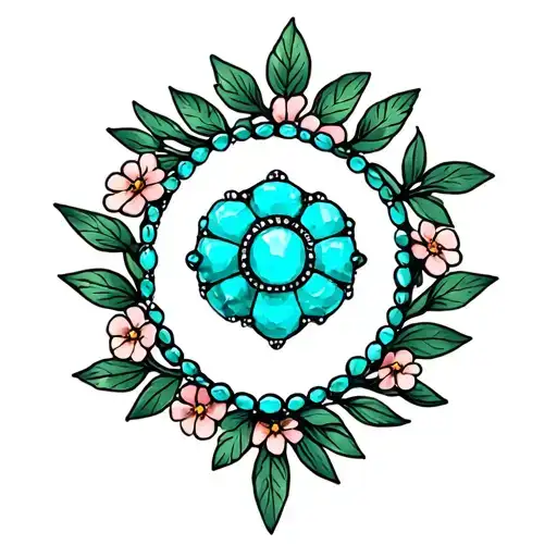 Western Brooch Turquoise Dark Green Leaves With Small Flowers Around