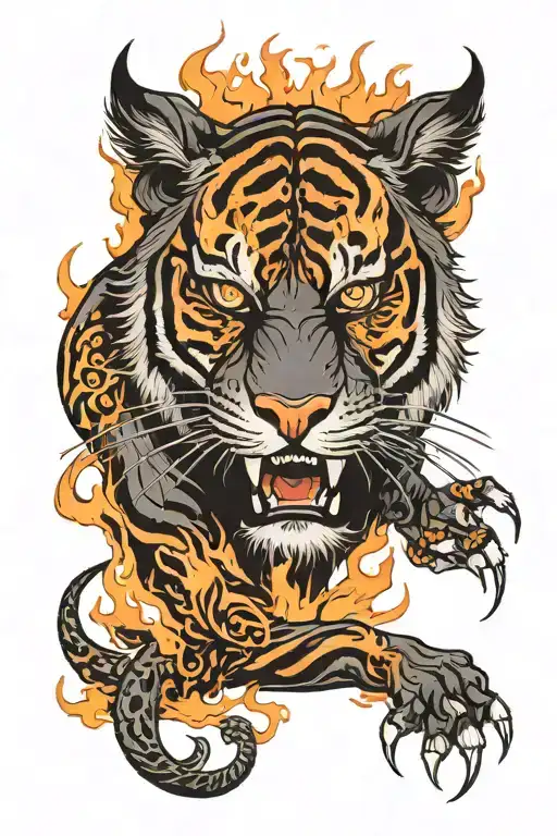 Black Tiger With Demon Head And Flames