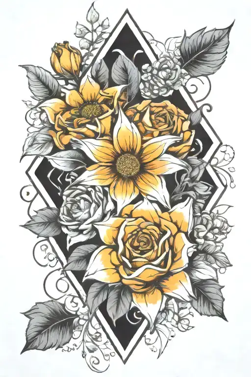 Diamond Shape Inside Color Water Sun And Flowers Outside Flowers Continue In Black Artsy Style