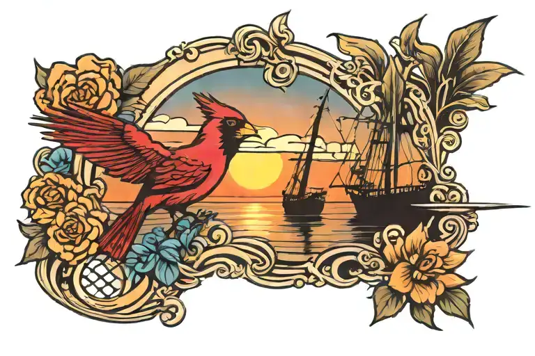 Sunset With Cardinal And Boat Floating