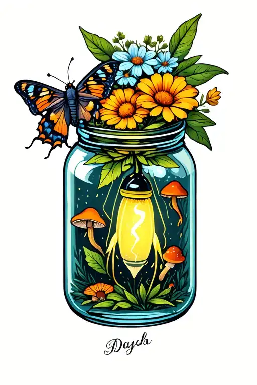 Lightning Bugs In A Jar Surrounded By Flowers And Leaves And Mushrooms With A Moth Outside The Jar