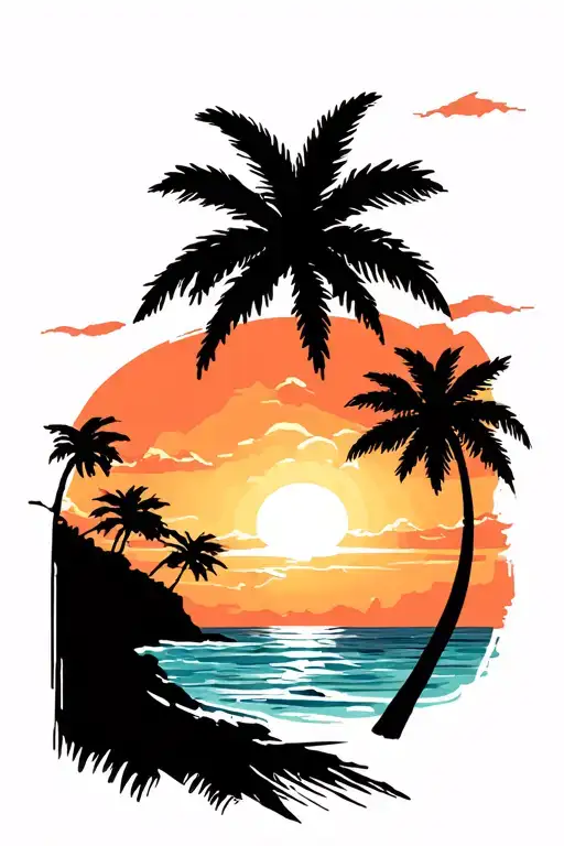 Sunset Beach Scene With Palm Trees Distressed At Sides