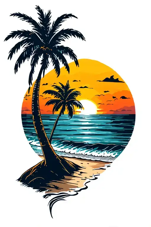 Sunset Beach Scene With Palm Trees Distressed At Sides