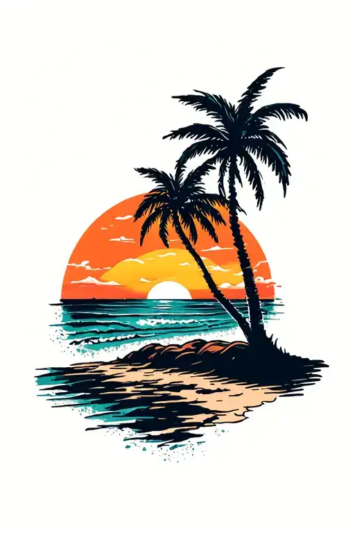 Sunset Beach Scene With Palm Trees Distressed At Sides