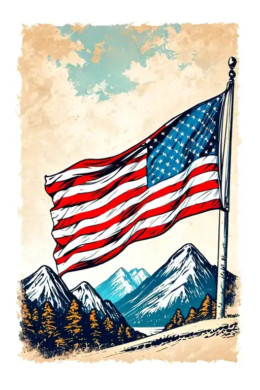 American Flag Distressed Waving Usa Flag With Mountains