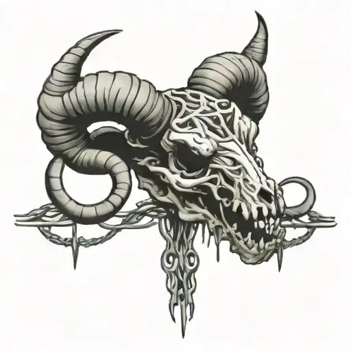 Undead Ram Skull Biting On Barbed Wire