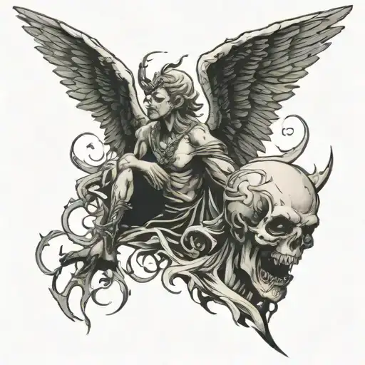 Dark Angel Ripping Head Off Lucifer With Falling Angels In Background