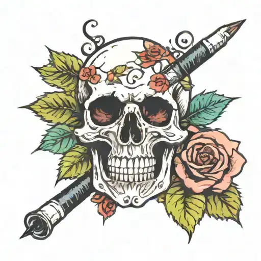 Skull And Roses With Cigarette In Mouth