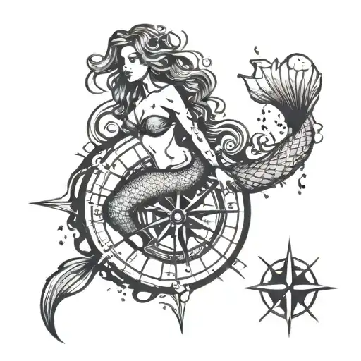 Silhouette Of A Mermaid On The Background Of A Compass And A Map Of The World With Water Stains