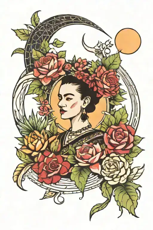 Frida Kahlo Succulents Surrounding Crescent Moon
