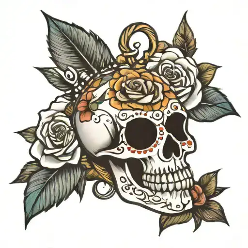 Sugar Skull Two Spears A Cross A Rose And A Sun
