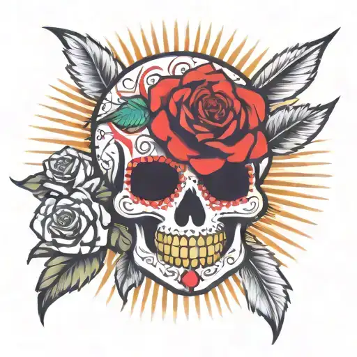 Sugar Skull Two Spears A Cross A Rose And A Sun Shining