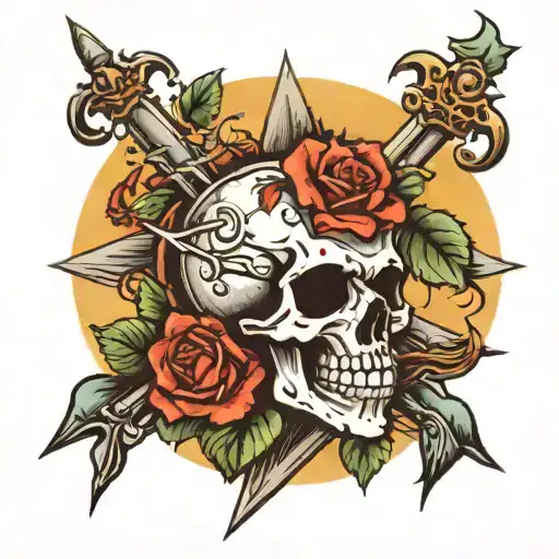 Skull A Spears A Cross A Rose And A Sun Shining