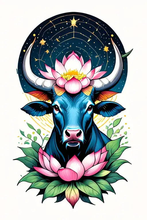 Bull In A Lotus Flower Growing Surrounded By Constellations