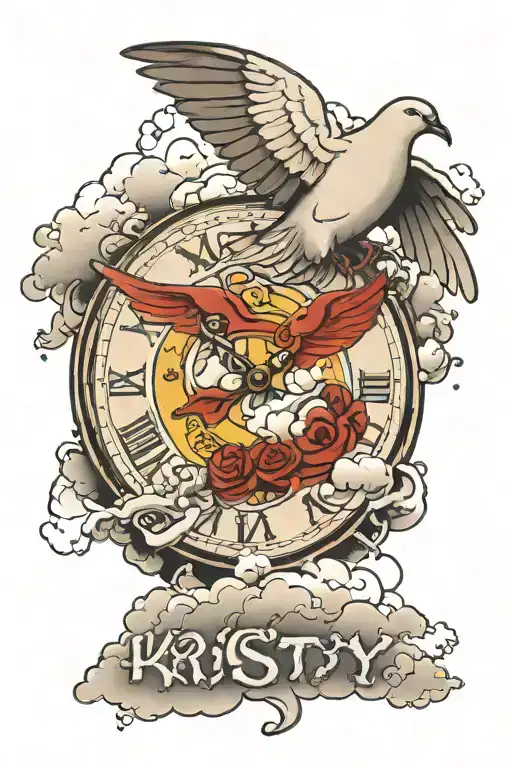 Dove Holding A Watch Surrounded By Clouds With The Name Kristy Inside The Circle Clouds