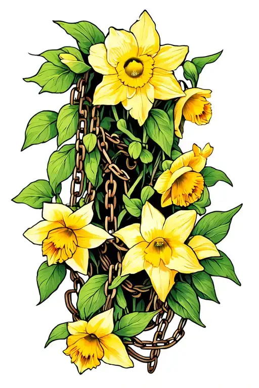 Chains That Have Vines With Exotic Flowers And Daffodils Growing Through Them