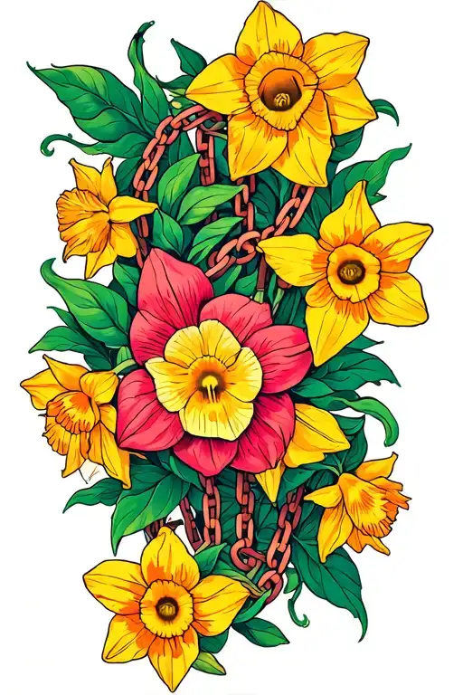 One Long Chain That Has Vines With Exotic Flowers And Daffodils Growing Through Them