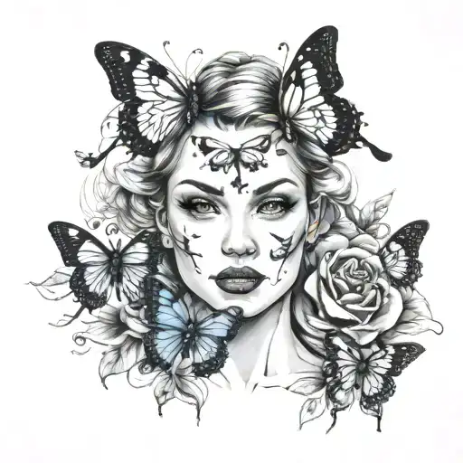 Women Headshot With Butterflies Flying