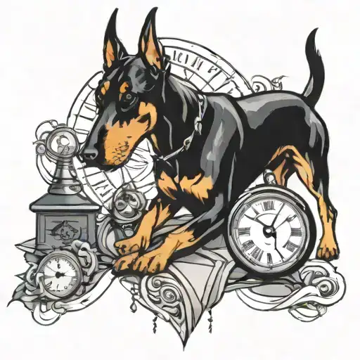 A Large Broken Clock And A Doberman In The Foreground