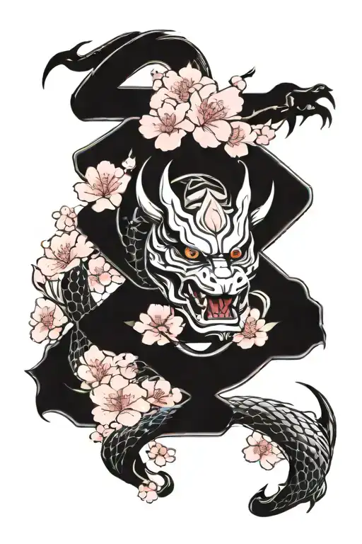 Dragon And Snake Samurai With Japanese Sakura Japanese Style Designs