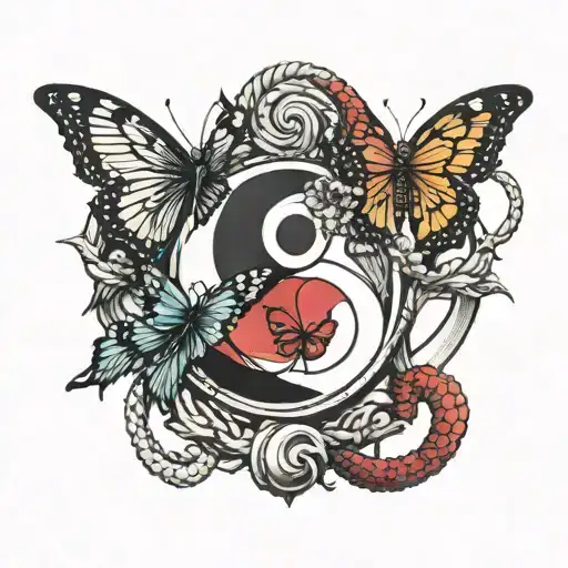 Yin Yang Symbol Above An Anchor Which Is Between A Butterfly