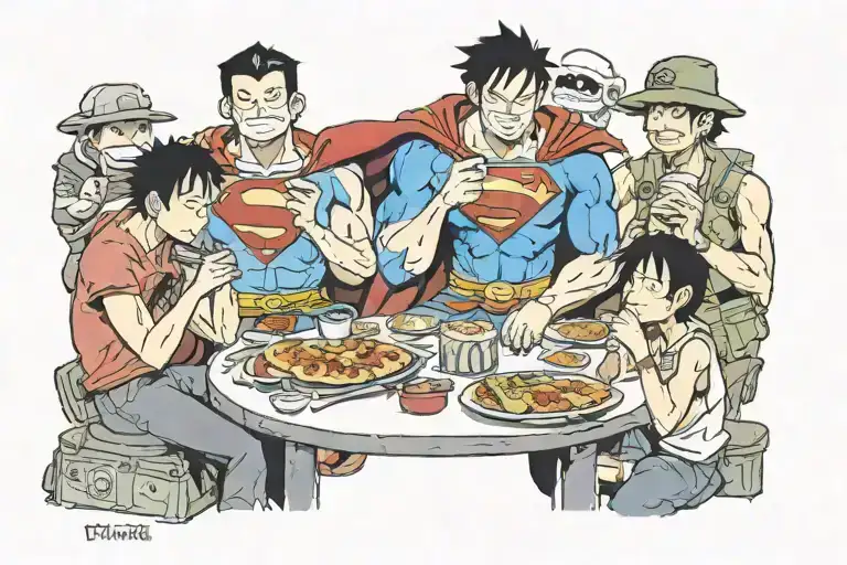 Superman Eating Pizza With Naruto And Monkey D Luffy