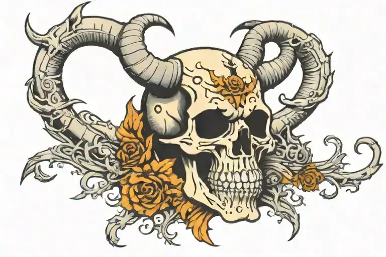 Monster Skull With Horns And Backround With Black Lettering And Metal Theme