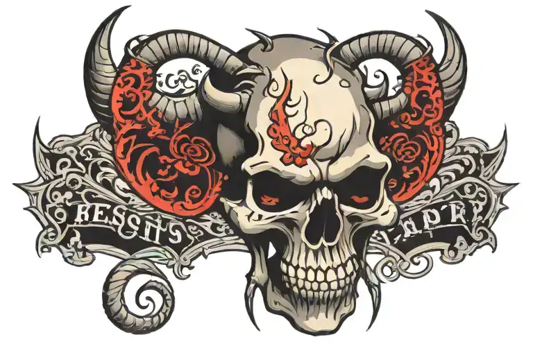 Skull Monster With Curved Horns And Black Letters From Gothic View