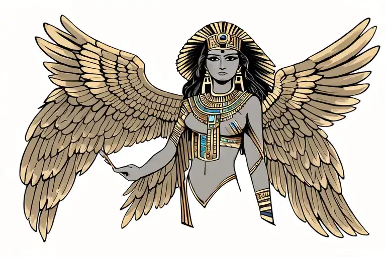 Ancient Egyptian Goddess Isis Tattoo With Wings For Lower Stomach