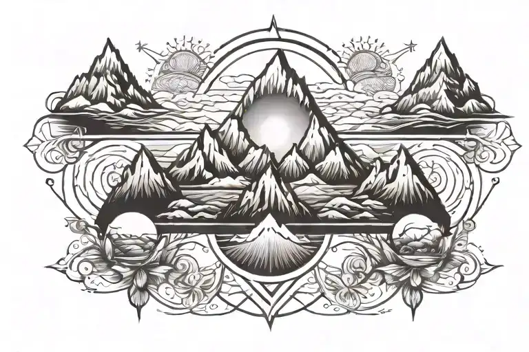 Six Mountain Tops With Sun In The Background