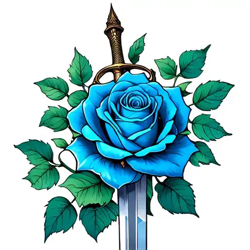 A Blue Rose With A Vine Entangled With A Sword
