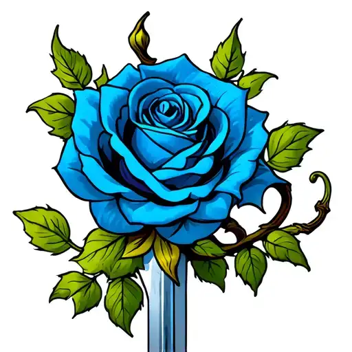 A Blue Rose With A Vine Wrapped Around The Sword