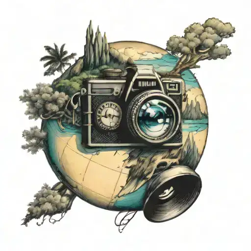 A Globe With A Camera Lens As The Focal Point Surrounded By Images Of Various Landscapes